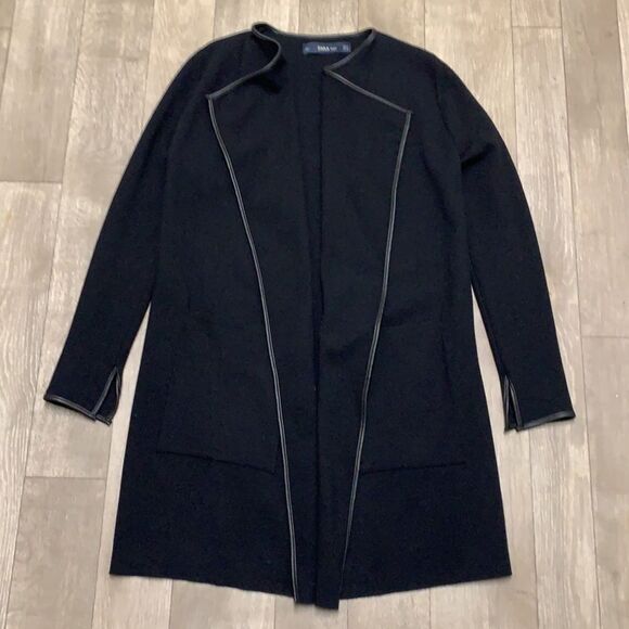 Womens Zara Knit Faux Leather Trim Open Cardigan Long Sweater - Picture 1 of 8